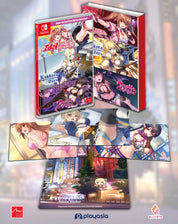 Gaming console with anime-style packaging and character illustrations on a gradient background