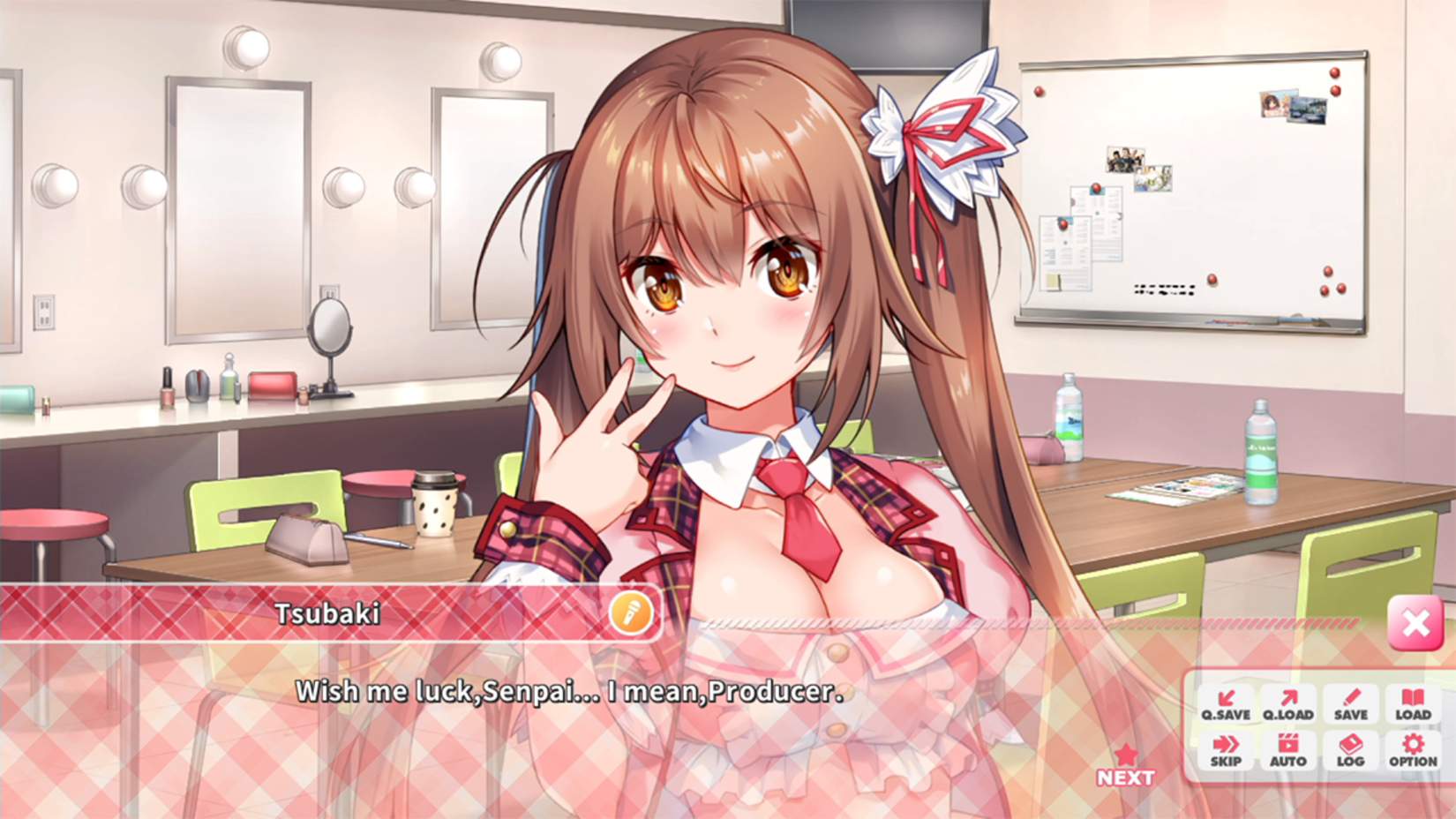 Anime character in a classroom setting with text overlay