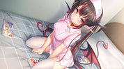 Anime-style character in a hospital gown lying on a bed with medical equipment.
