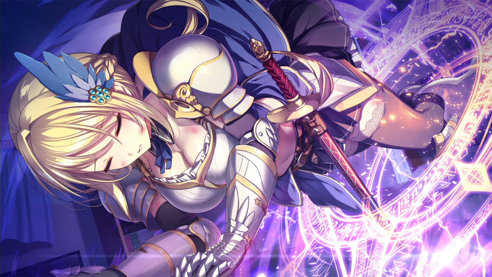 Animated character in armor with a sword, surrounded by glowing effects