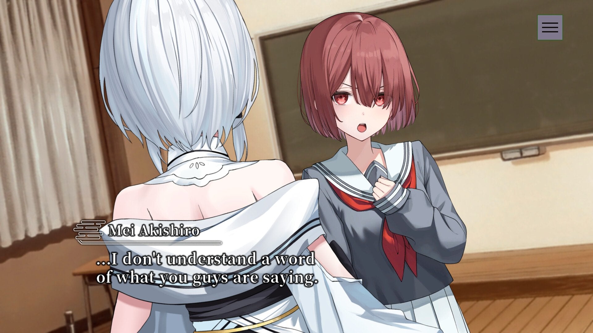 Two animated characters in a classroom setting with text indicating a conversation.