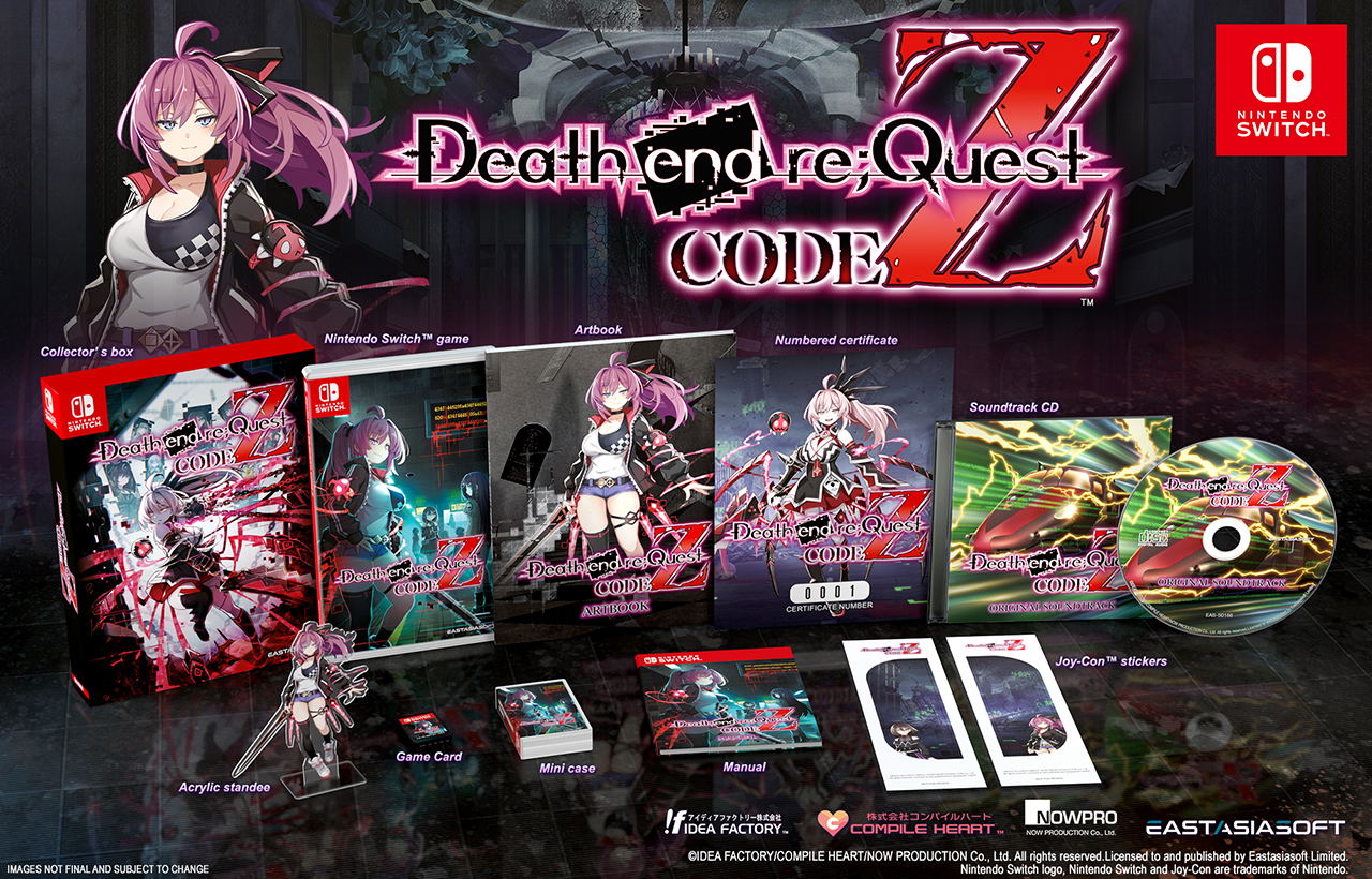 Deathend re;Quest CODE Z Collector's Box with game case, figurine, and other items on a dark background.
