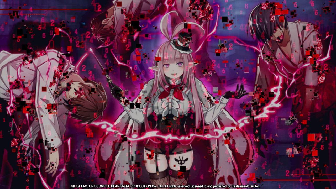 Animated character with pink hair and white outfit surrounded by abstract elements on a dark background