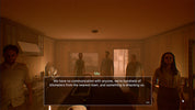 Game screen showing a group of people in a dimly lit room with a text overlay.