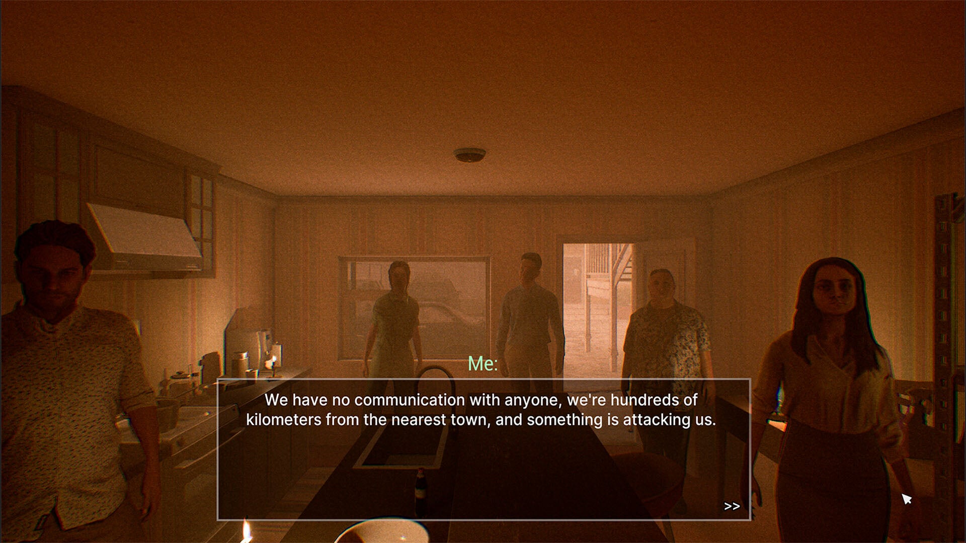 Game screen showing a group of people in a dimly lit room with a text overlay.