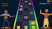 Video game scene with two characters on either side of a rainbow path, with food items on a grid background.