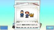 Pixel art characters with a cat in a drawing frame on a gradient background