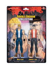 Double Dragon action figure collection packaging with Billy Lee and Jimmy Lee on a red and black background.