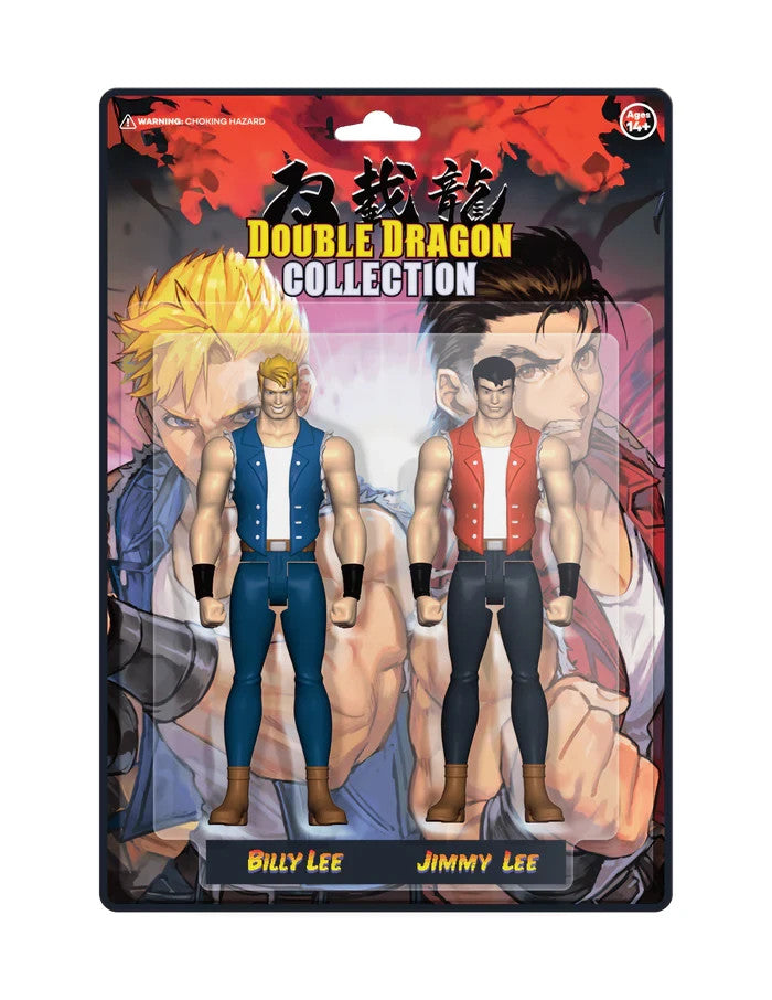 Double Dragon action figure collection packaging with Billy Lee and Jimmy Lee on a red and black background.