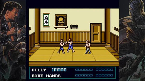 Vintage video game screen showing two boxers in a dojo with a character on the left and right edges.