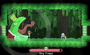 Pixel art scene with a king frog and a character in a forest setting