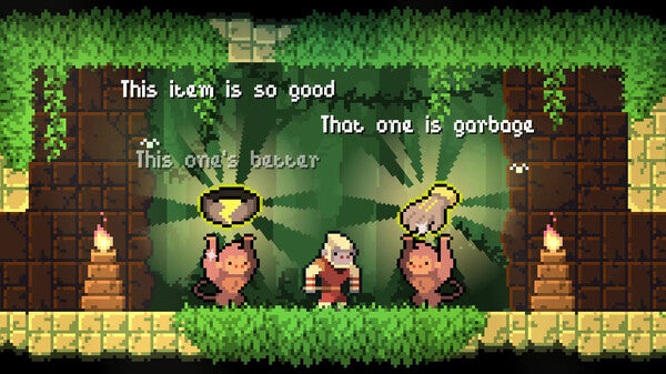 Pixel art scene with characters and text in a forest setting