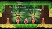 Pixel art scene with characters and text in a forest setting