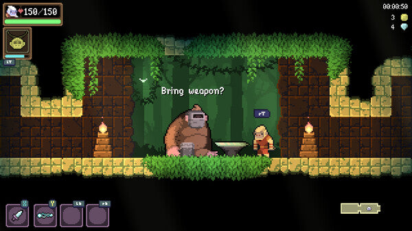 Game screen with a character standing next to a bear in a forest setting, with text 'Bring weapon?' displayed.