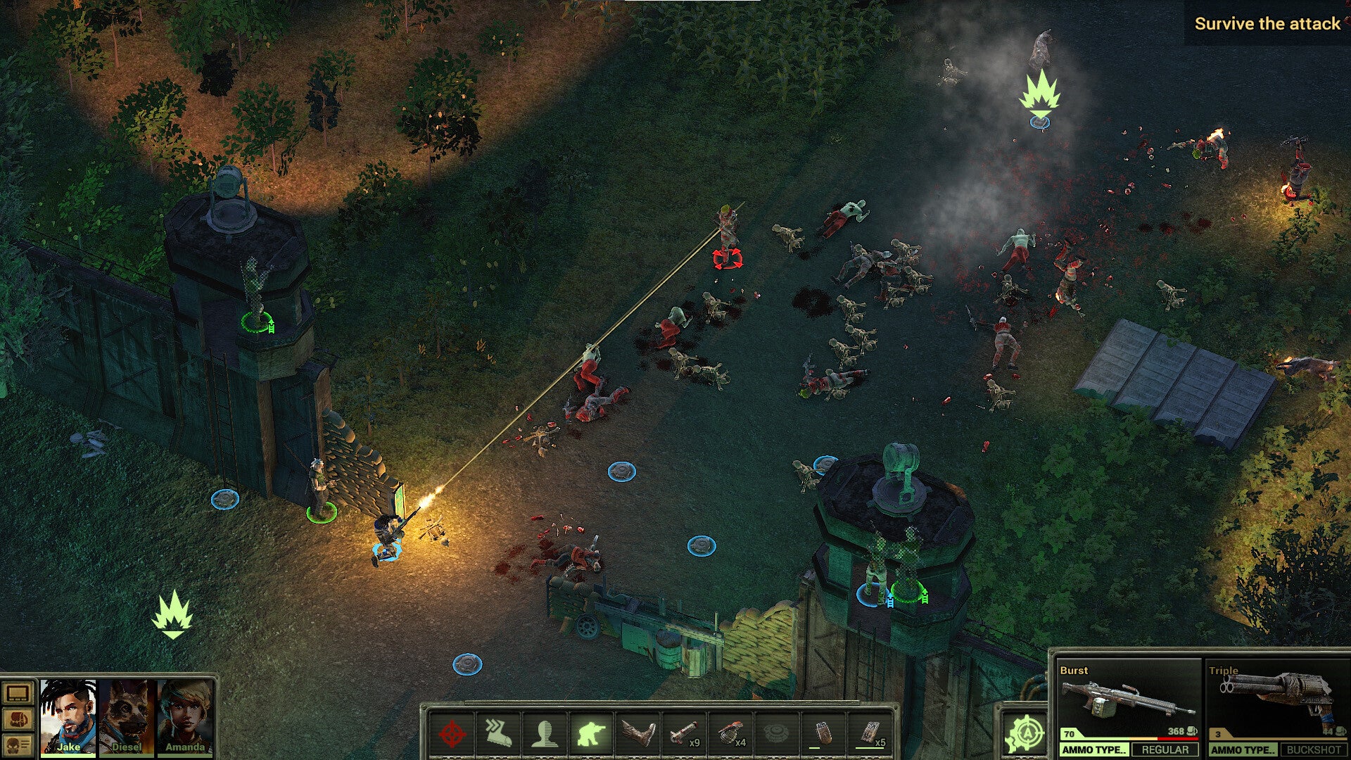 Top-down view of a post-apocalyptic scene with survivors and zombies in a game interface.
