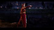Character in red and gold traditional attire pointing forward in a dark, forested area with fires in the background
