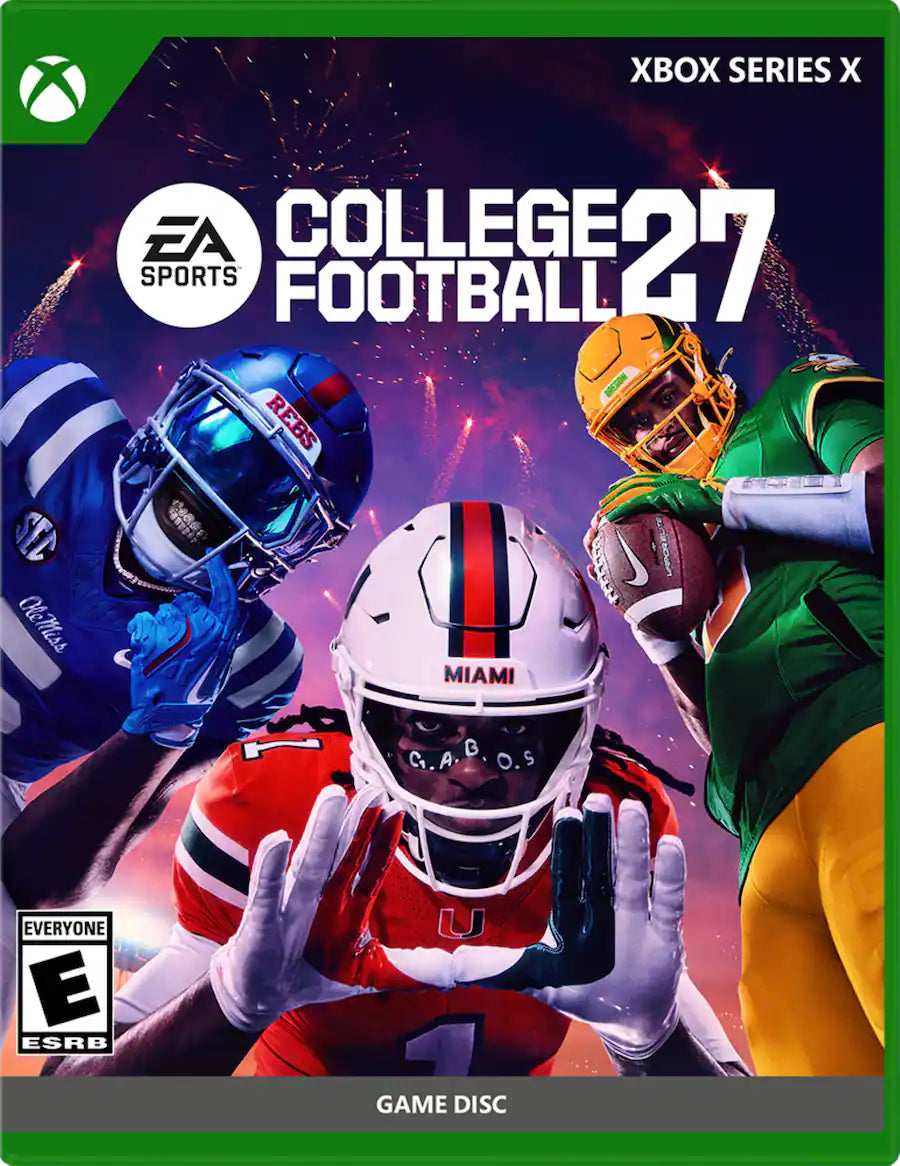 Cover of 'College Football 27' game for Xbox Series X with players in action and EA Sports logo.