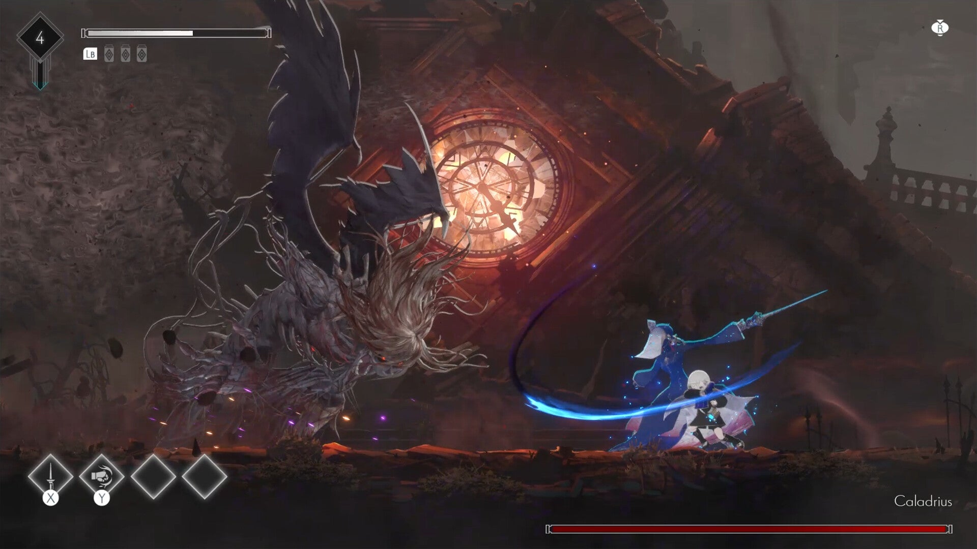 Game scene with a character wielding a sword facing a large creature in a dark, ominous setting.