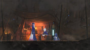 Three characters in a dark, snowy outdoor setting inside a tent.