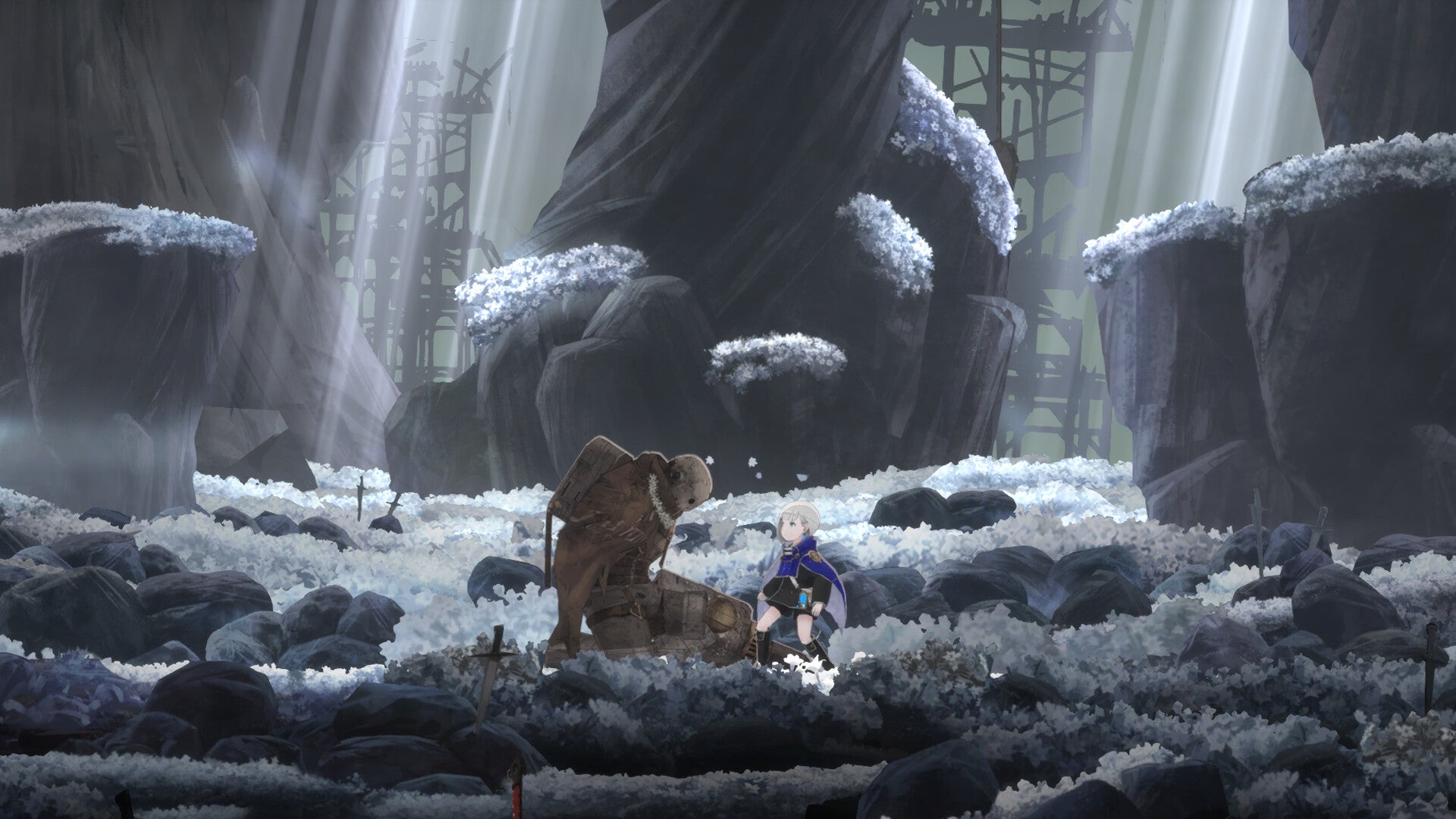 Two characters in a snowy, fantasy landscape with large statues and a glowing light source.
