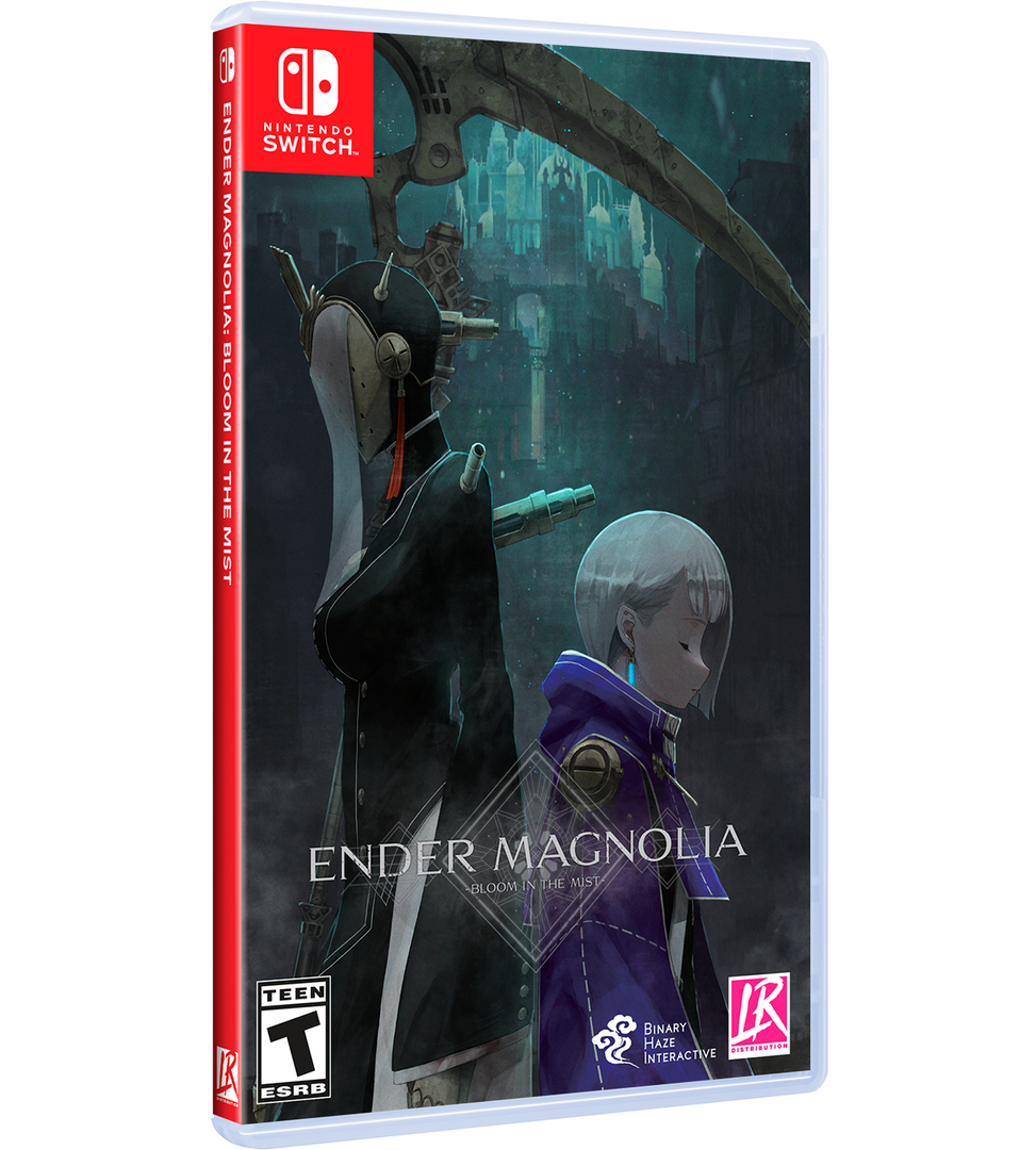 Game box for 'Ender Magnolia' on Nintendo Switch with characters and dark, gothic design.
