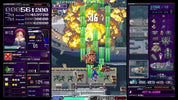 A screenshot of a retro-style vertical shooter video game with a central action panel showing a character firing green beams at explosions, surrounded by purple UI panels on the left and right with stats, characters, and stage information.
