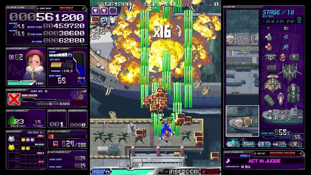 A screenshot of a retro-style vertical shooter video game with a central action panel showing a character firing green beams at explosions, surrounded by purple UI panels on the left and right with stats, characters, and stage information.