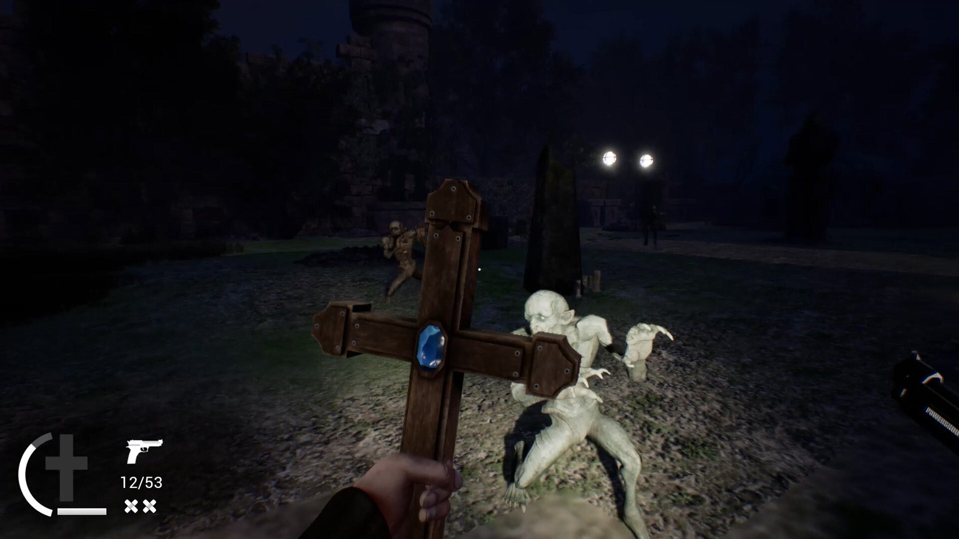 Dark scene with a cross held by a hand, sheep, and a person with a flashlight in the background.