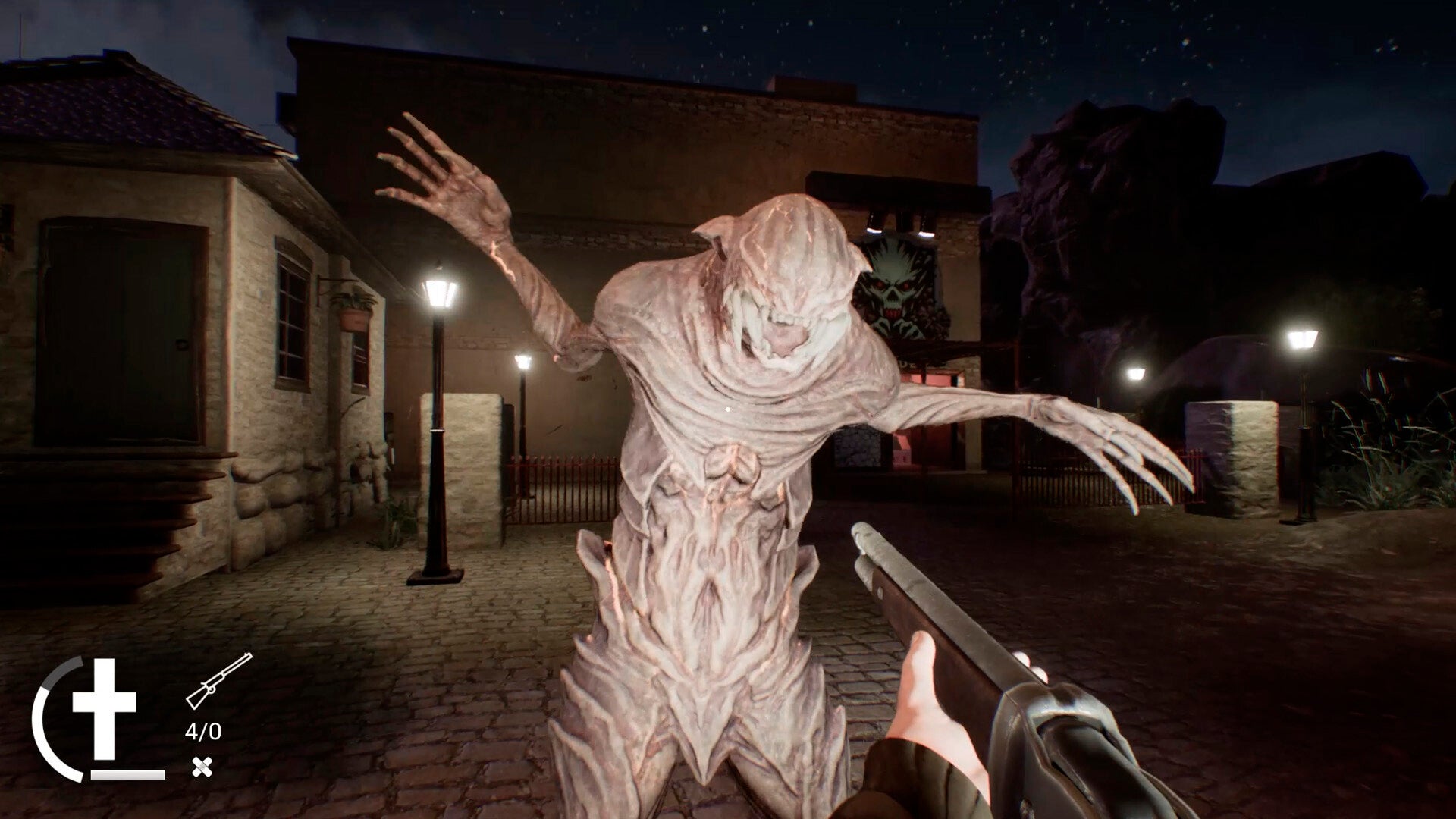 Monster-like creature in a dark, outdoor setting with a gun held by a player.
