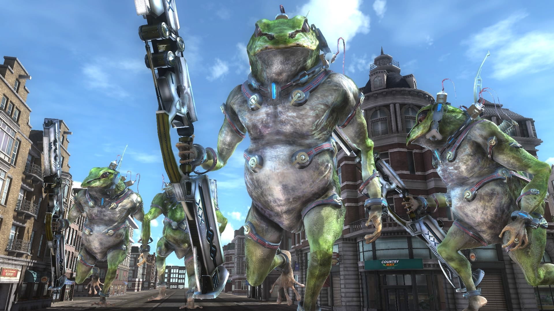 Alien-like creatures with weapons in a cityscape