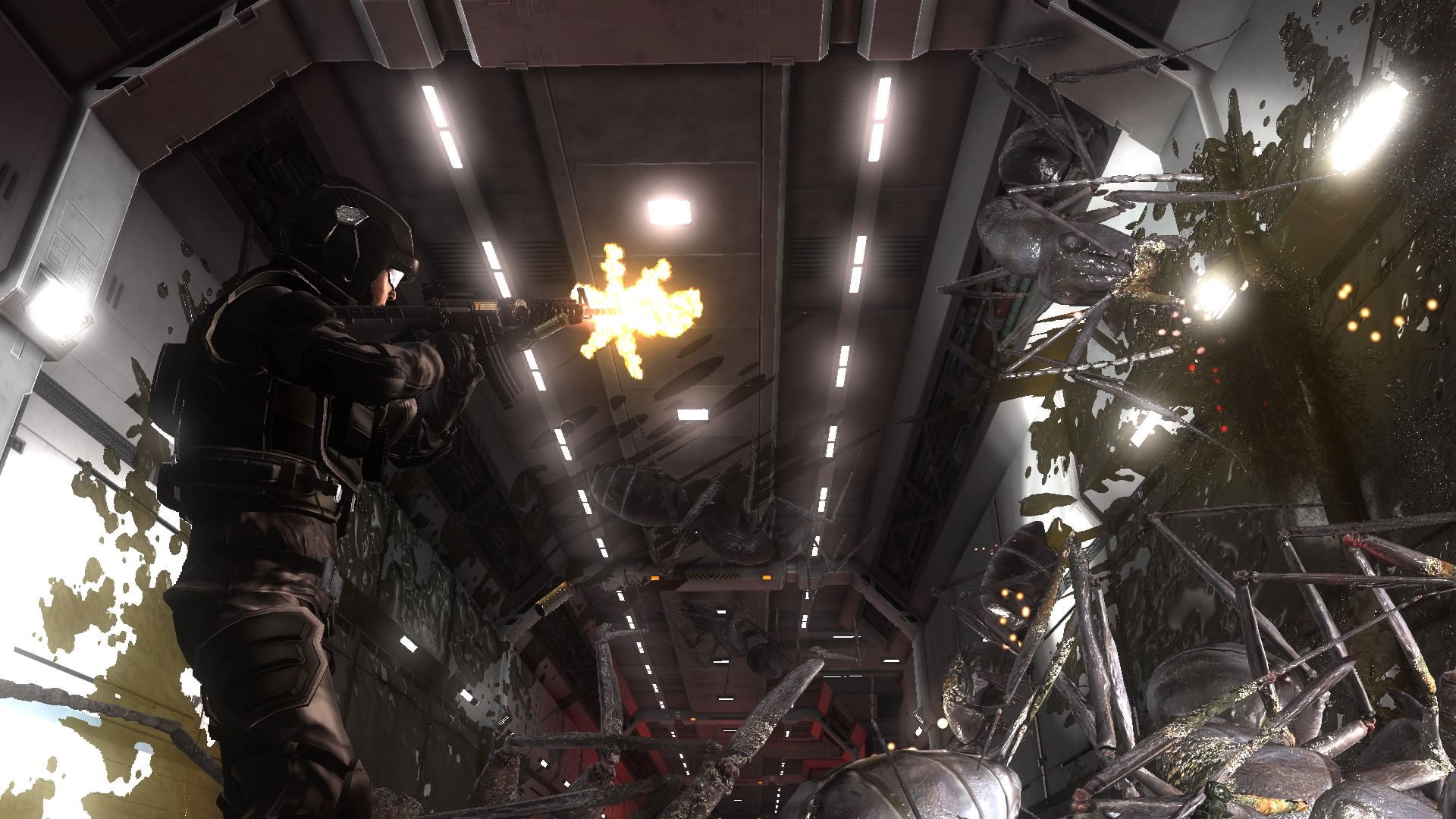 A soldier in dark tactical gear fires a weapon inside a futuristic industrial interior with bright overhead lights and metal structures.