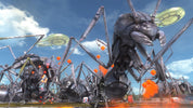 A dramatic sci-fi scene showing multiple giant metallic ant-like robots or mechanical insects under a blue sky, with orange explosions on the ground and glowing green circular elements in the air.