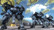 Three large gray and black mecha robots stand on a paved outdoor area under a blue sky with clouds, with several gold flying saucers overhead and a small explosion in the background.