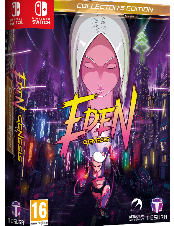 Eden Genesis Collector's Edition packaging for Nintendo Switch with stylized cityscape and character design.