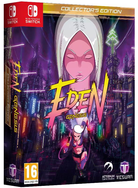 Eden Genesis Collector's Edition packaging for Nintendo Switch with stylized cityscape and character design.