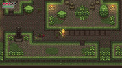 Pixel art scene from a top-down RPG game, showing a small golden character standing in a stone path surrounded by green bushes, trees, and decorative stone walls.