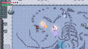 Pixel art scene from a video game with characters in a snowy landscape