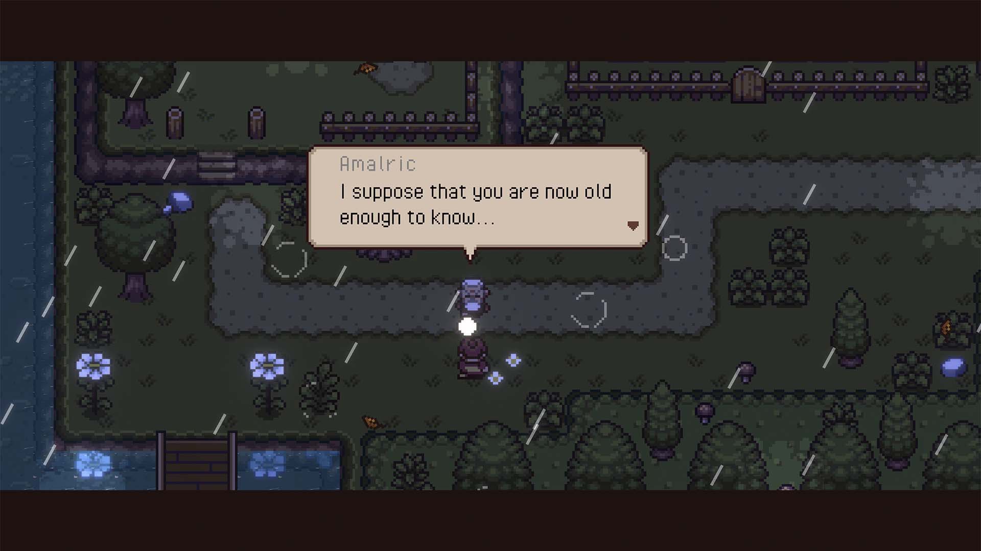 Pixel art scene showing a character in a rainstorm with a speech bubble reading 'Amalric I suppose that you are now old enough to know.