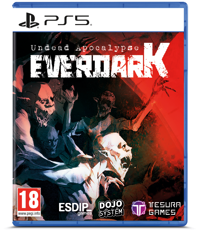 PlayStation 5 game case for 'Everdark: Undead Apocalypse' with characters and red background