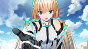 An anime-style illustration of a blonde female character with blue eyes, wearing a white and black futuristic bodysuit with teal accents, posed against a blue sky with clouds.