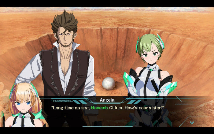 Anime-style game or visual novel scene showing three characters standing in a desert canyon: a tall man in a white shirt and dark vest, a green-haired female character in a black-and-white outfit with teal accents, and a blonde female character in the lower left. A dialogue box at the bottom reads 'Angela' and 'Long time no see, Waamah Gillum.