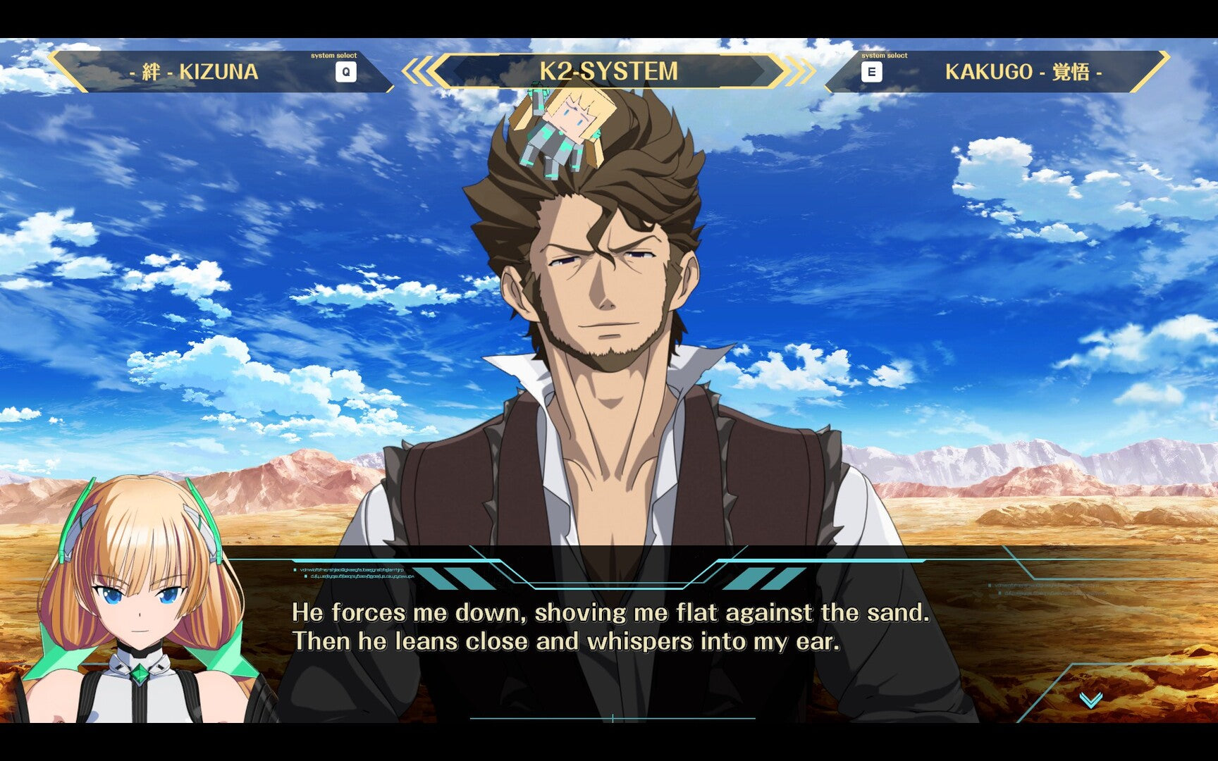 A digital anime-style game or visual novel scene showing a male character in a desert landscape under a blue sky, with a female character inset in the bottom-left corner and UI text bars at the top and dialogue box at the bottom.
