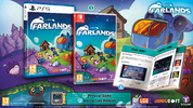 Farlands video game box art and included contents displayed on a colorful illustrated background. The image shows a PS5 game case, a Nintendo Switch game case, an instruction booklet, and a game manual spread, with the title Farlands prominently visible and platform logos including PS5 and Nintendo Switch.