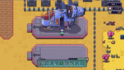 Pixel art style screenshot of a sci-fi vehicle or structure on a platform in a desert-like game scene, with a small character standing in front and an inventory bar at the bottom.