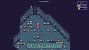 Pixel art screenshot from a top-down RPG game showing a character standing in a cave with rocks, ores, and an inventory bar at the bottom. UI elements in the top right show day, time, and level.