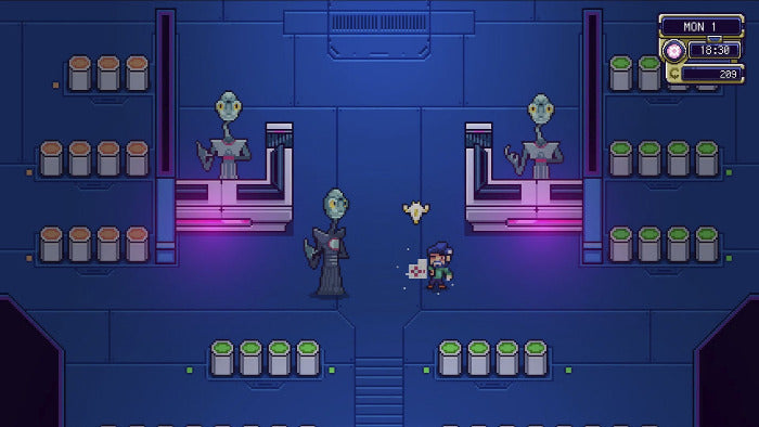 Pixel art scene from a retro platformer game, showing a small player character in a blue futuristic room with alien figures, glowing pink platforms, and inventory icons in the top-right corner.
