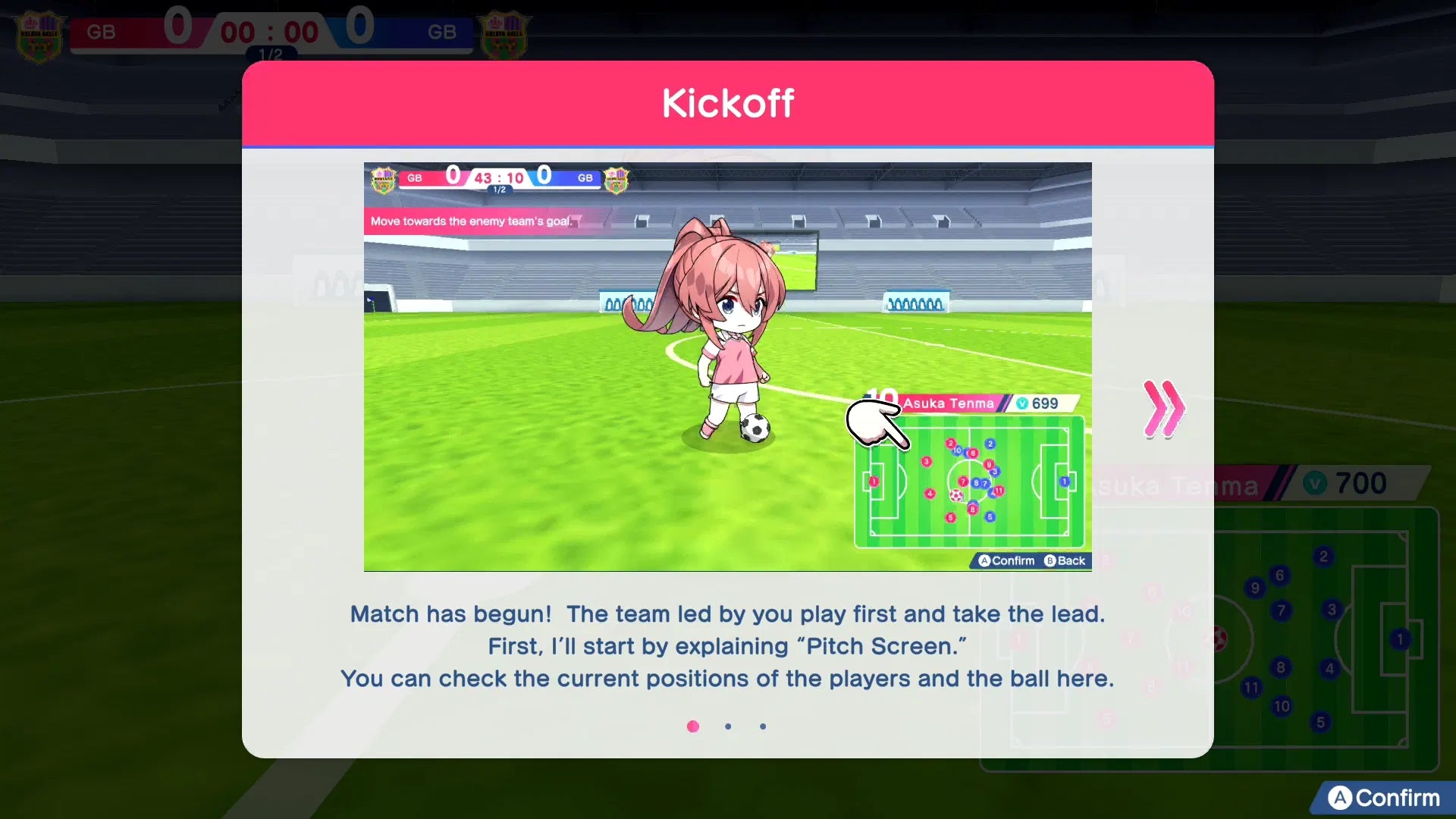 Soccer game interface with character and pitch screen on a digital screen