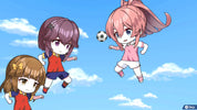 Three animated girls playing soccer against a blue sky with white clouds.