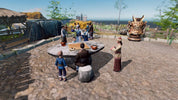 Screenshot from a video game showing a group of characters around a stone table with a scenic background.