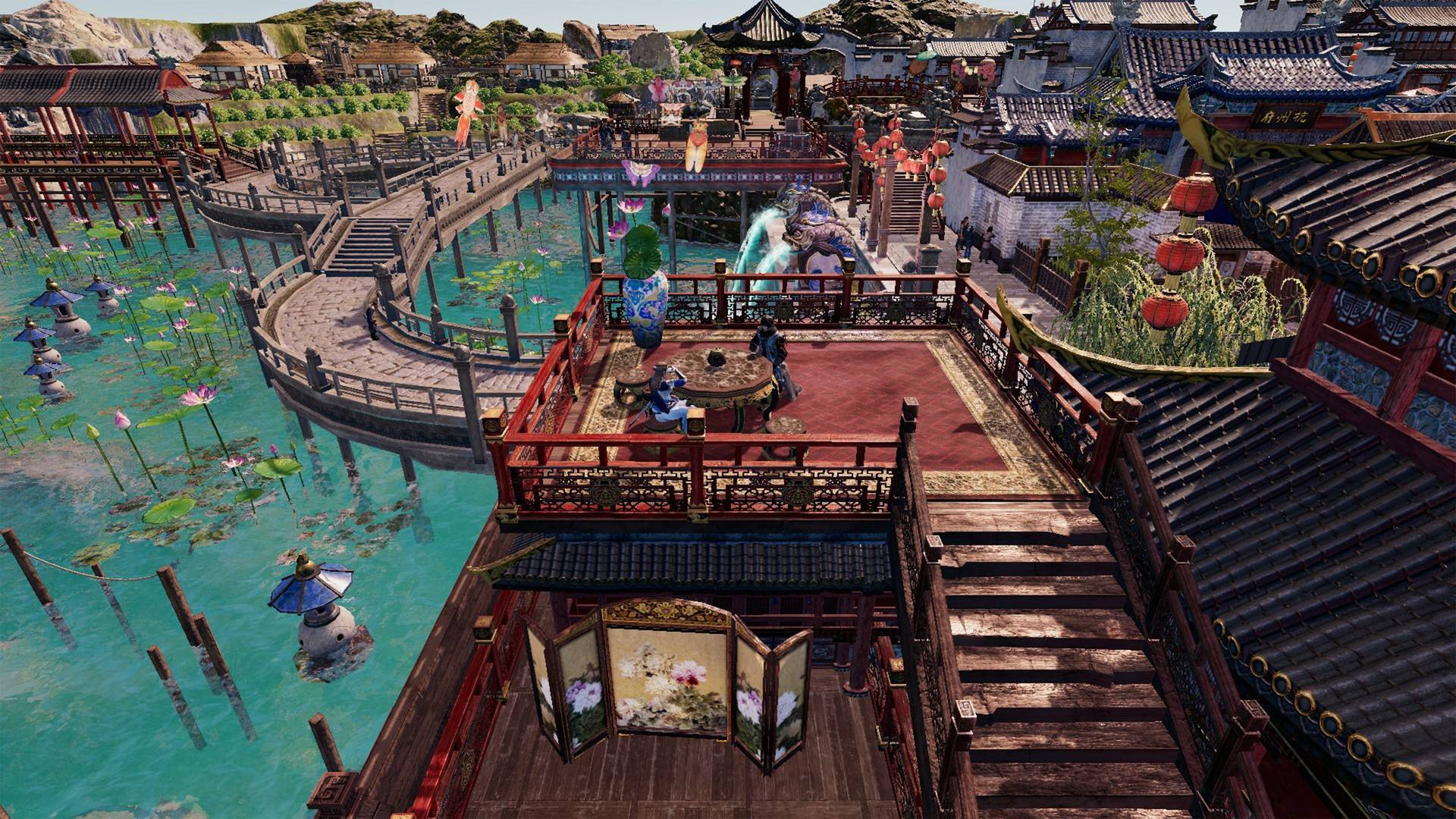 Traditional Chinese architectural scene with a canal and boats.